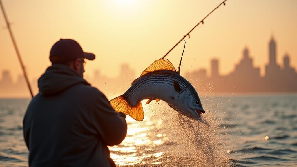 Angler landing a striped bass on the Hudson River during a guided fly fishing tour
